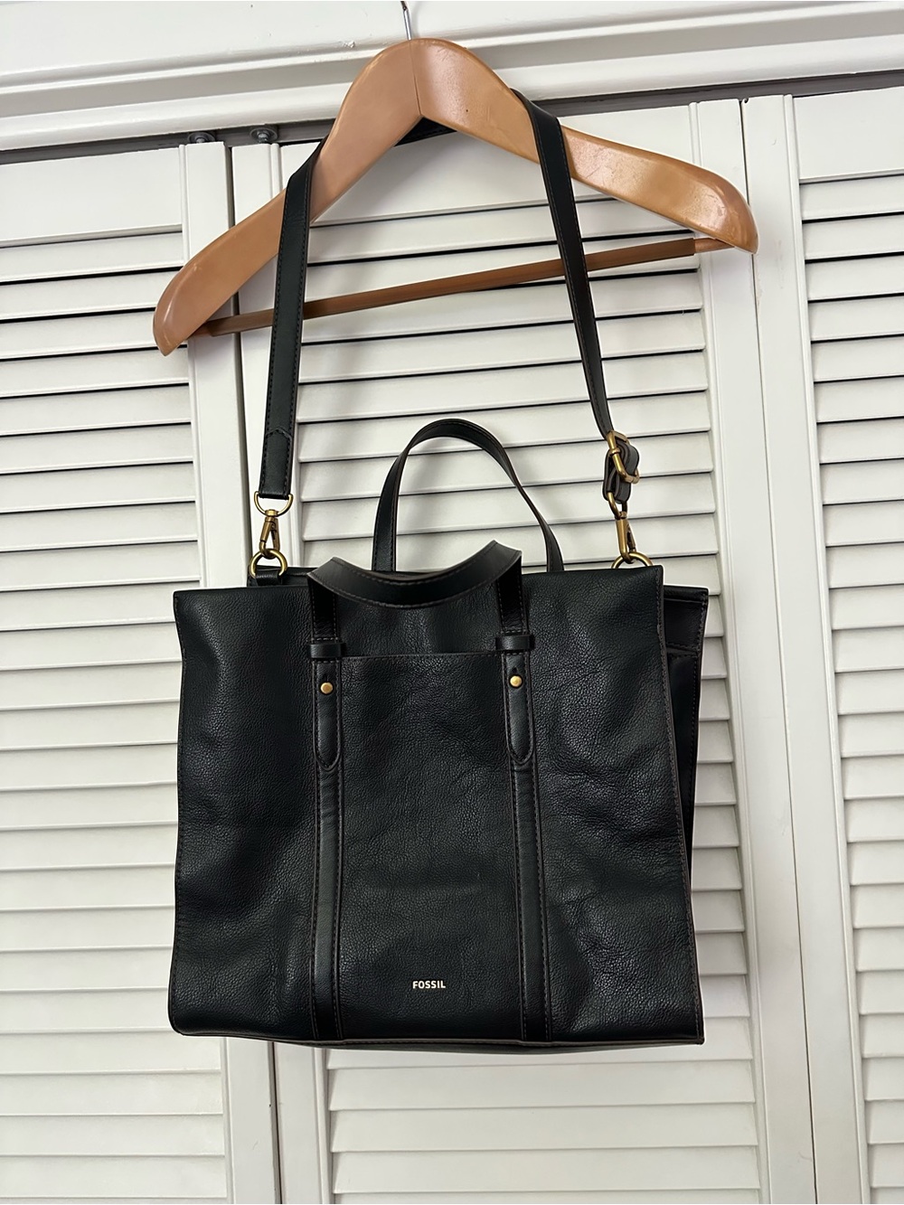 Fossil Black Leather Tote with Gold Hardware Work Tote EUC - Picture 2 of 12